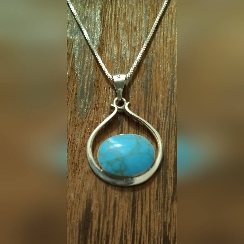 Sterling Silver Pendant Necklace with Genuine Turquoise Pendant 18"+